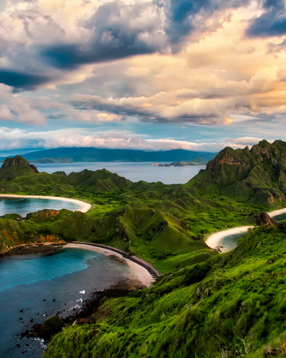 Green ridges above three curved bays at the Padar viewpoint