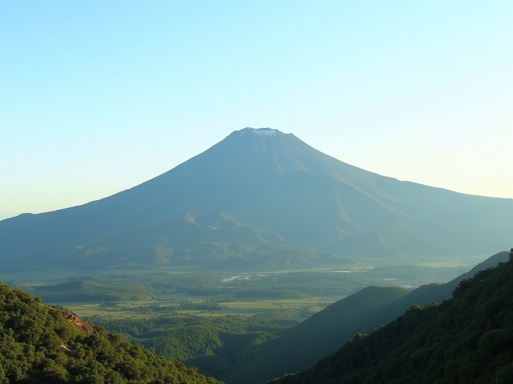 Mount Rinjani volcano rising above green Lombok foothills under a clear sky