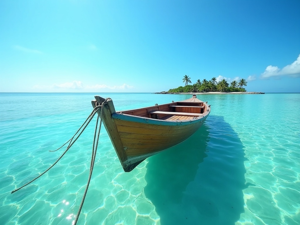 Traditional wooden outrigger boat on clear turquoise reef water off a Lombok islet