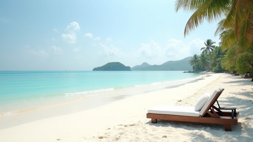 Quiet white-sand Lombok cove with turquoise water and a teak beachfront day-bed in soft morning light
