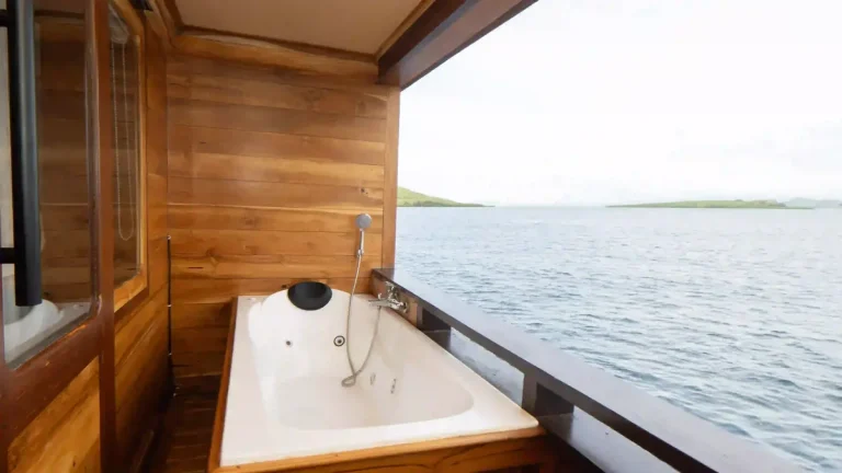 Guest cabin aboard a phinisi, timber panelling and made-up beds
