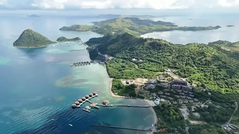 Aerial view of a coastal resort on a forested headland