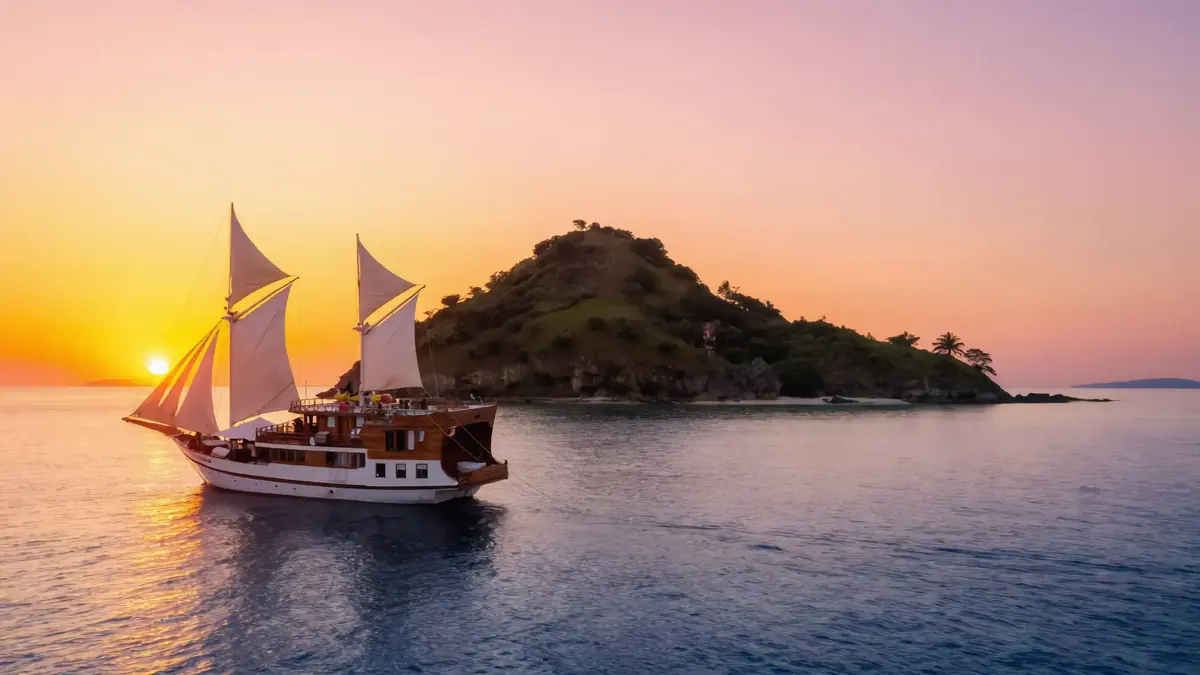 Traditional sailing schooner on open water under a clear sky