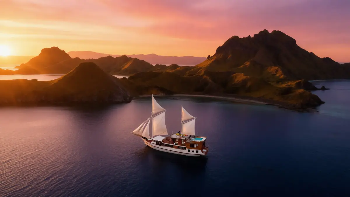Phinisi under full sail on calm water at dusk